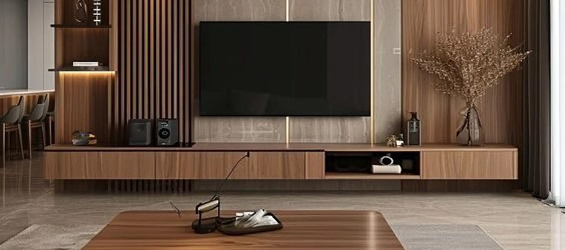 Living room media wall designed by Ambiance Interior